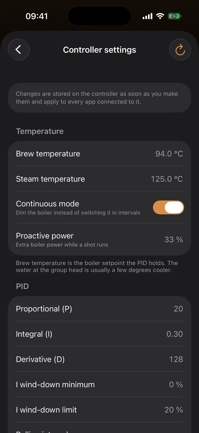 Controller settings with brew temperature, steam temperature and PID values